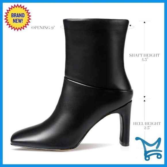 Women Women\'s Square Toe Ankle Boots High Heel Block Mid Calf Side Zipper